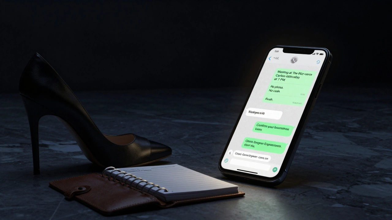 A glowing smartphone showing a private message about a discreet meeting, with a high heel and planner nearby.