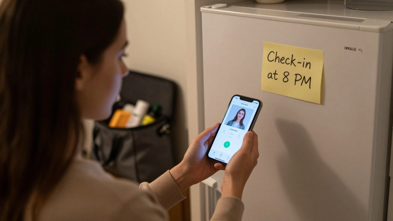 A person setting a safety check-in timer on their phone with a reminder note on the fridge.