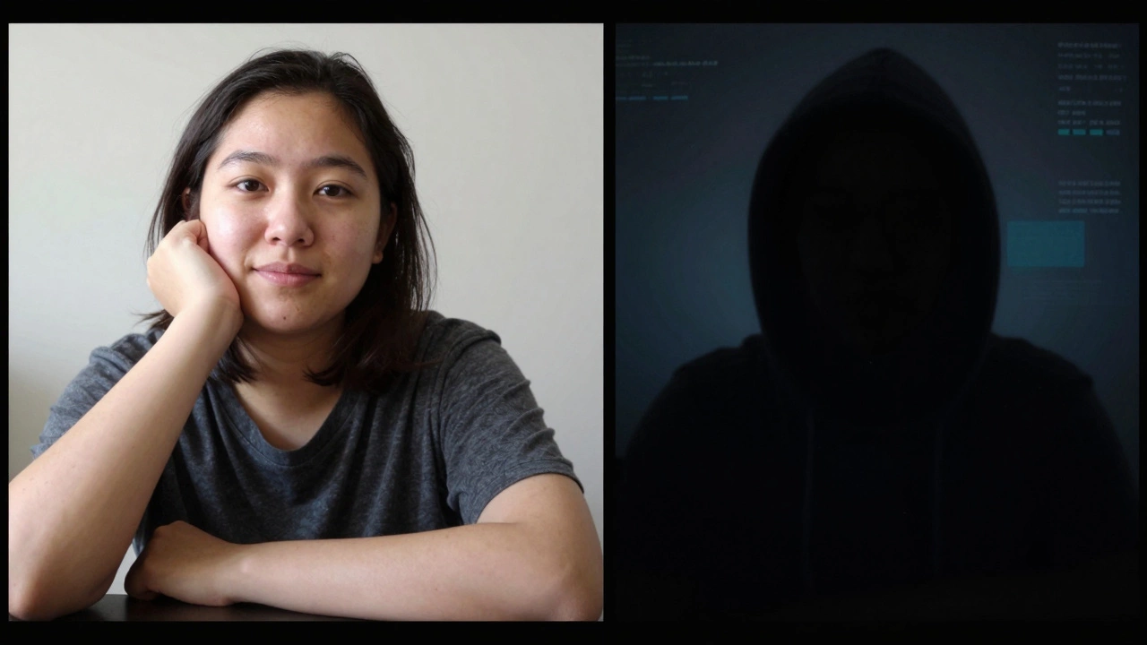 A video call comparison showing a clear face versus a hidden face, highlighting safety concerns.