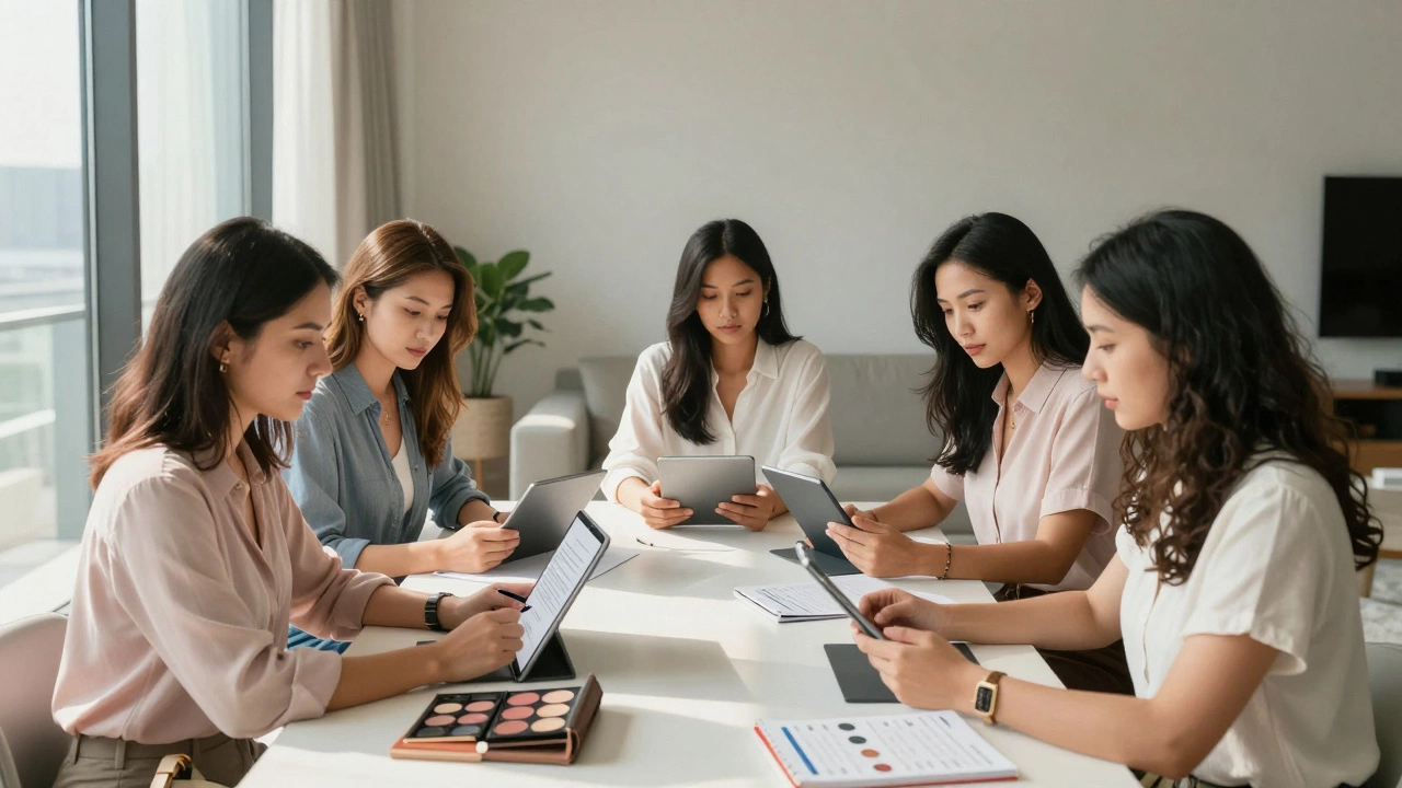 Professional women from diverse backgrounds reviewing client profiles in a modern Dubai apartment.